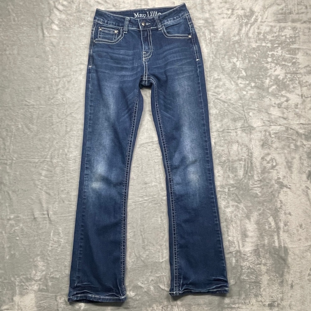 May Lillie Bootcut Jeans Kids 14 Blue Dark Wash Embellished Rhinestone Pocket